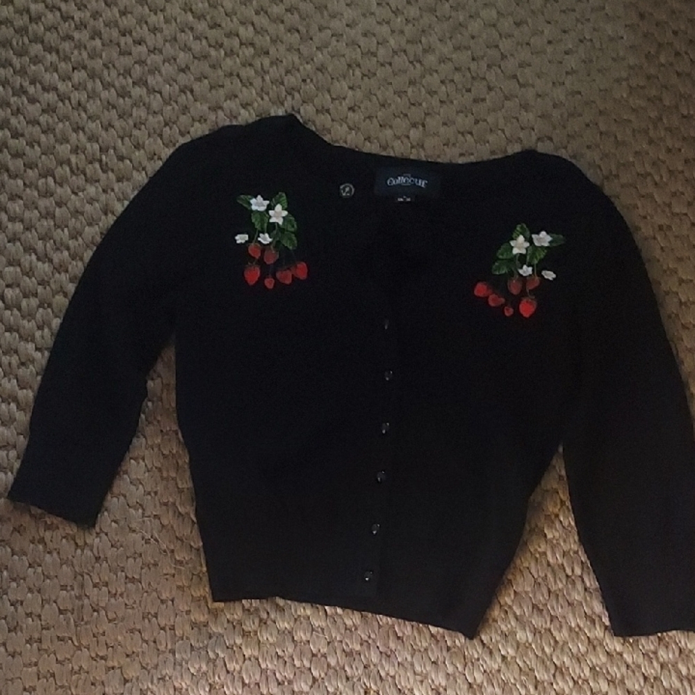 Black Cardigan with Cherry Embroidery